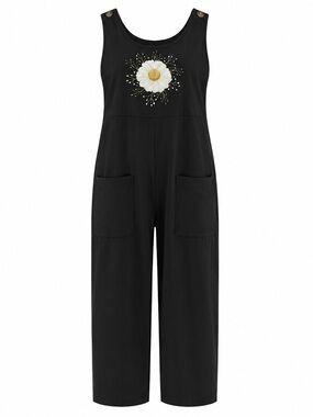 Black Daisy Graphic Cotton Wide Leg Cropped Overalls Jumpsuit Large